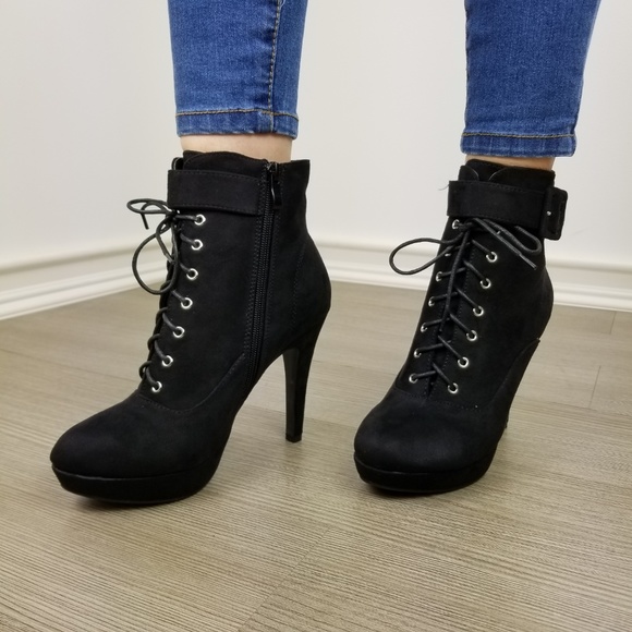 Black Faux Suede Heel Lace-Up Ankle Booties - Picture 8 of 8